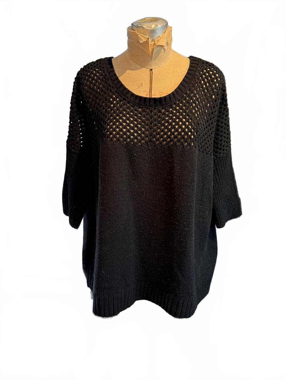 Bar III Black Knit Sweater with Open Weave Yoke and 3/4 Sleeves
